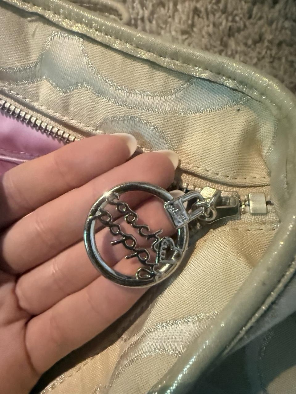 Coach Large Beige Signature Logo Tote Bag Zip Closure Pink Lining Charm