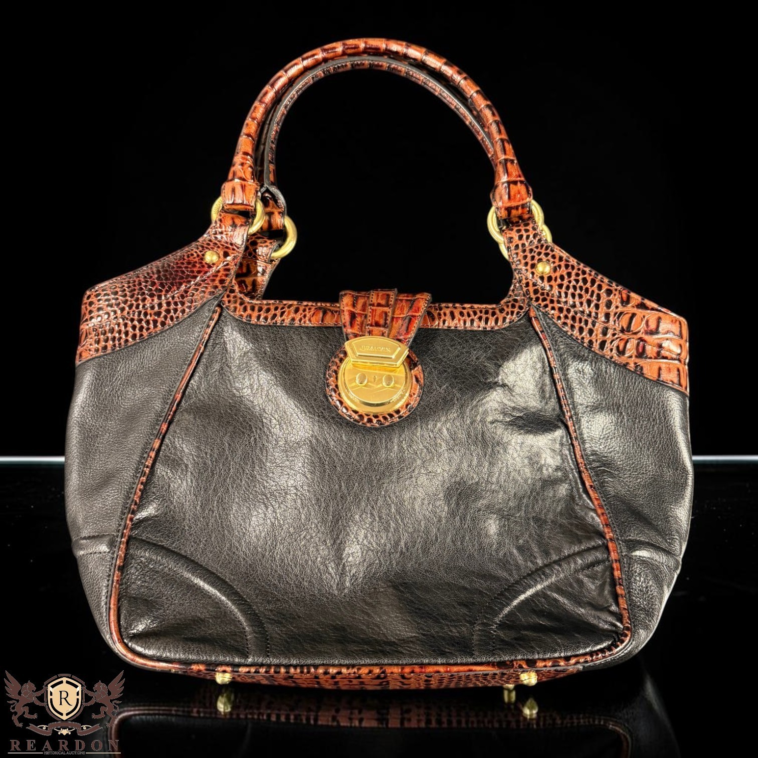Brahmin Elisa Style Black Leather Satchel Shoulder Bag Cognac Croc Embossed!!!!!