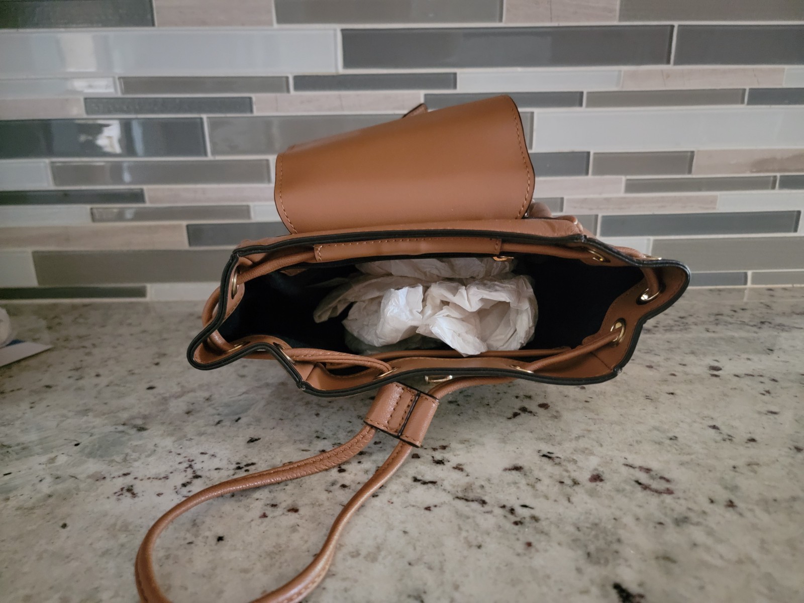 Calvin Klein Crossbody Bucket Bag Brown Leather Gold Logo Engraved Pushlock NWT