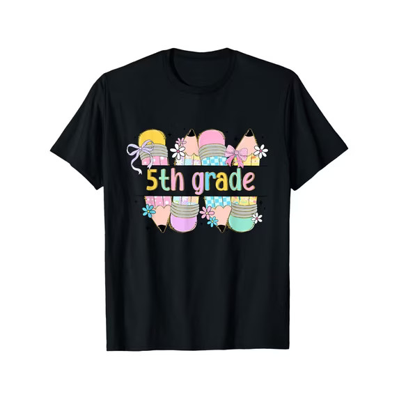 Back To School Fifth Grade Coquette Pencil Bow Black T-Shirt