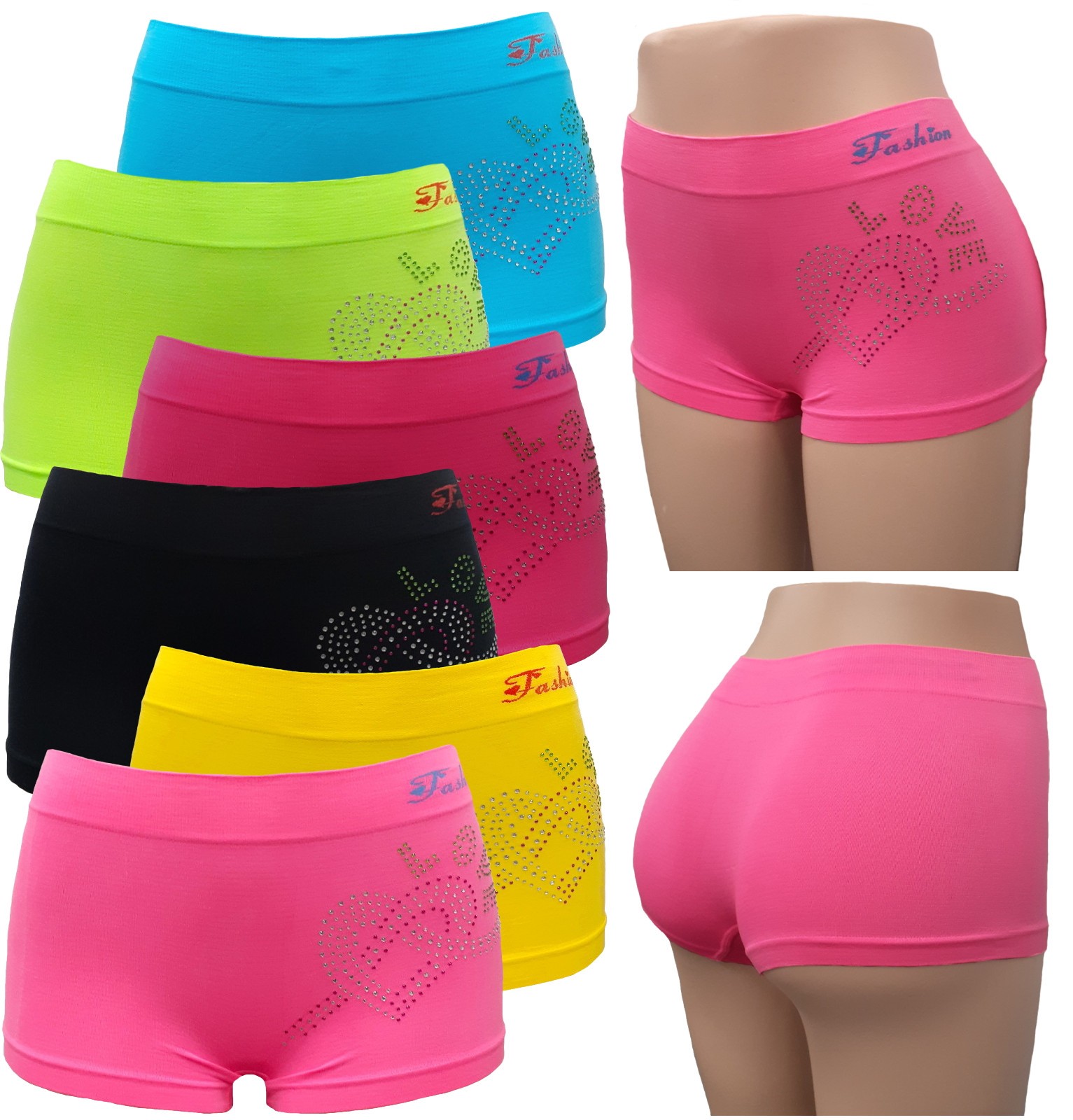 6 pk boyshorts Panties SEAMLESS Boxer Shorts rhinestone undewear Bright Colors