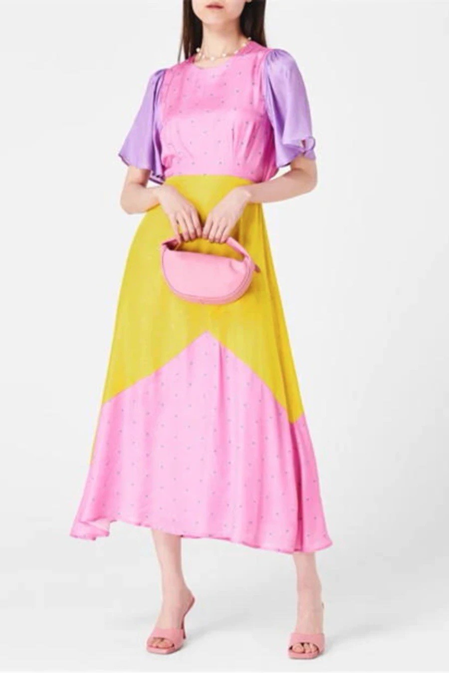 New Olivia Rubin Fleur Polka Dot Silk Mix Satin Print Midi Dress,UK 14