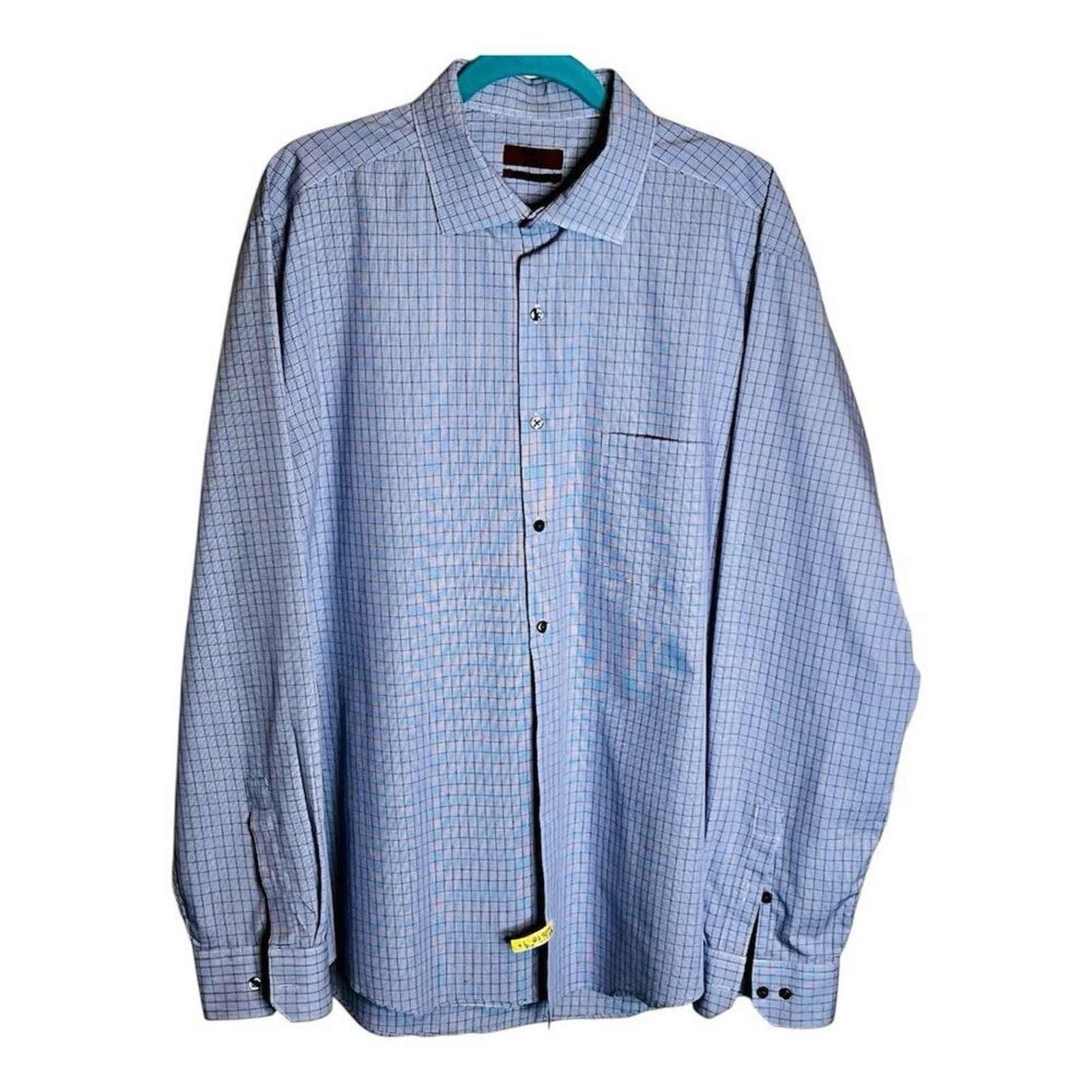 Alfani Mens Fitted Plaid Button Down Shirt Sz XL 17.5 Blue White Stretch Fabric