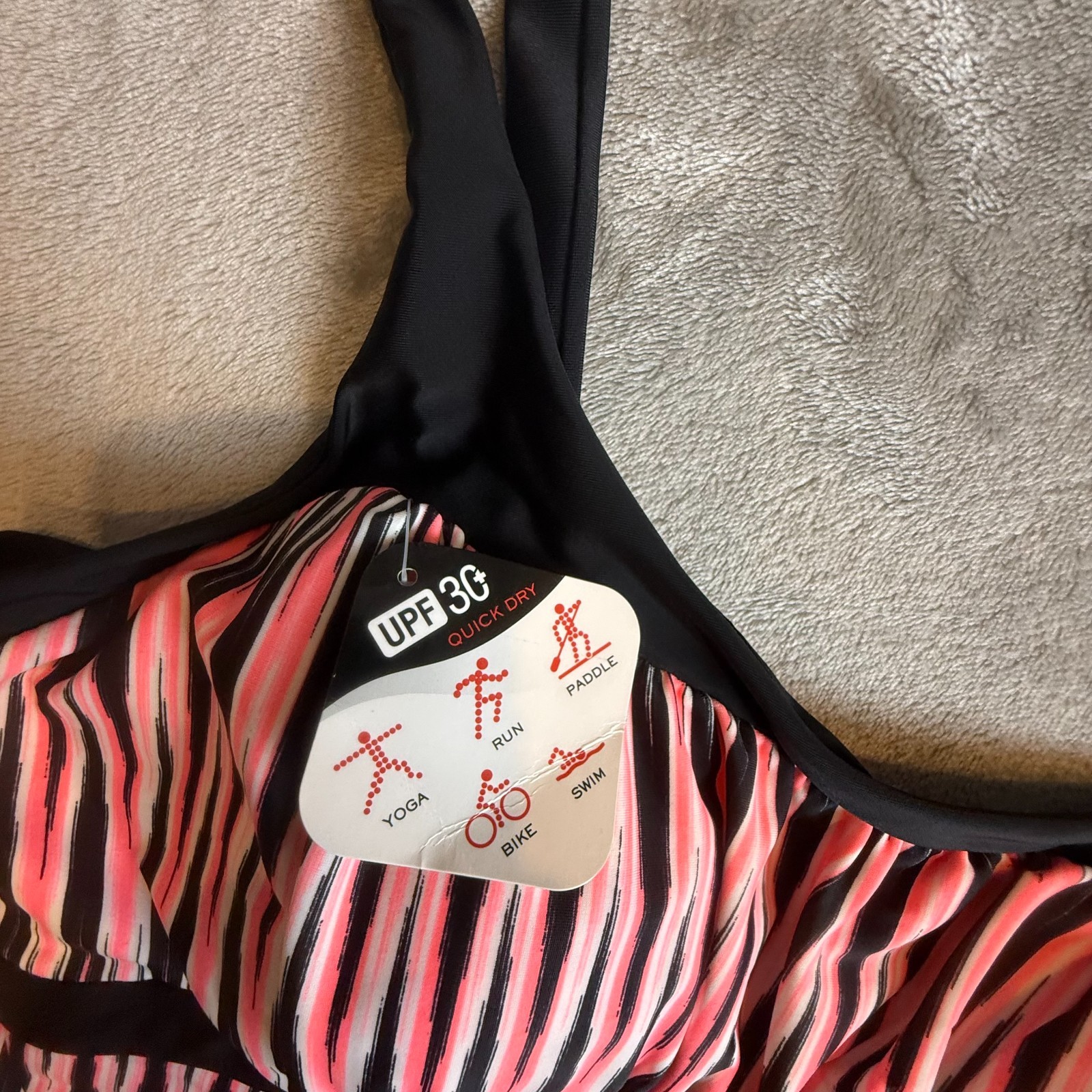 NWT ZeroXposur Starfish Tankini Top Size 16 Pink Black Striped Swim Top UPF 30+