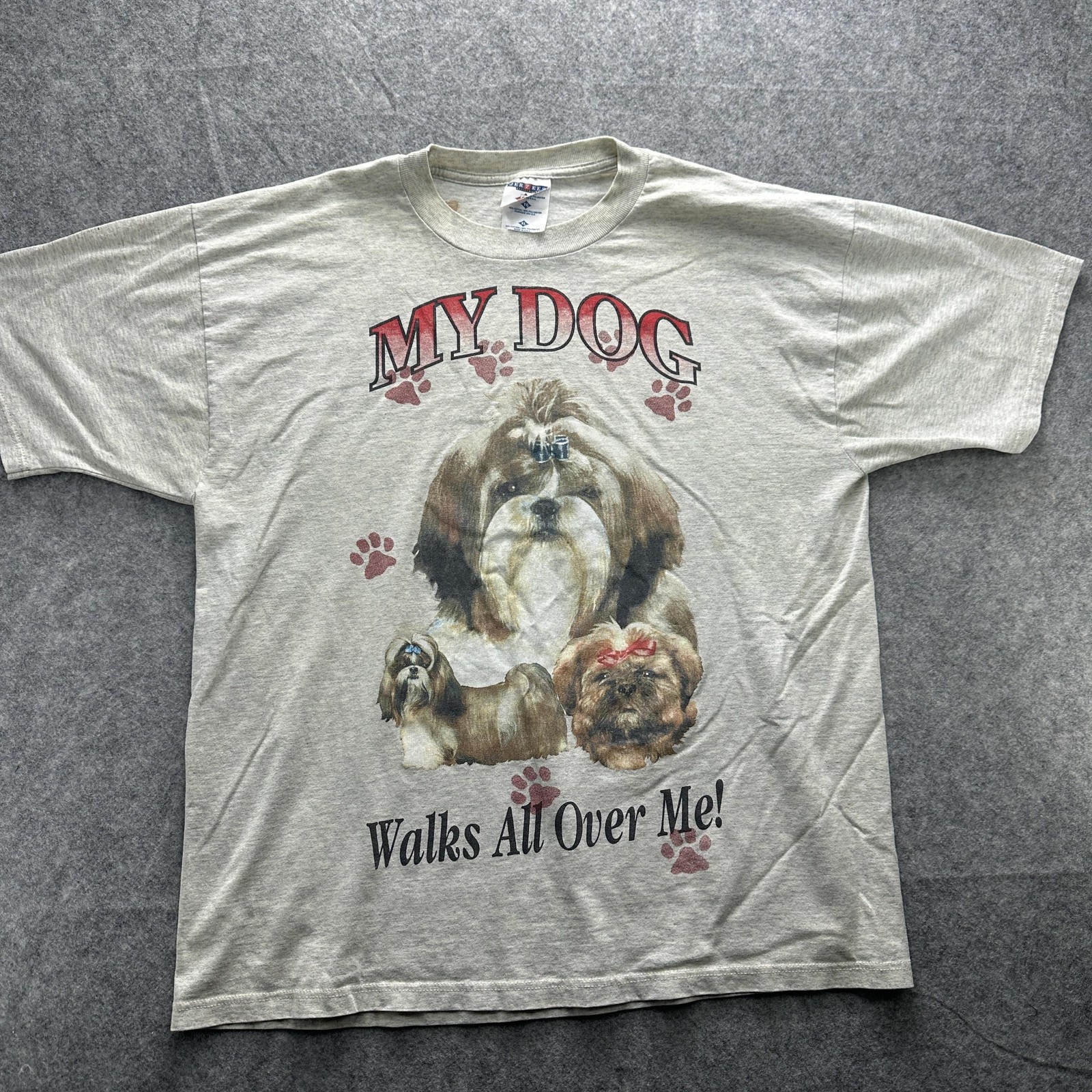 Vintage Shih Tzu Dog Shirt Mens XL Gray Graphic My Dog Walks All Over Me 90s