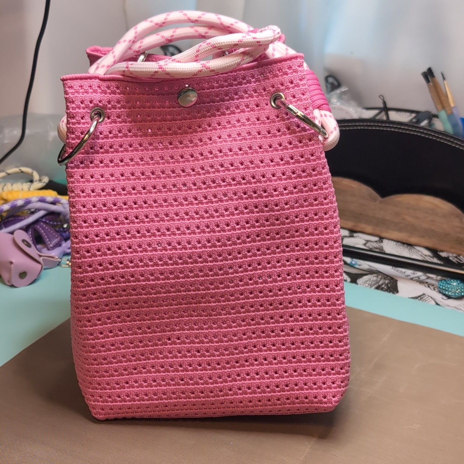Women’s Pink Satchel Top Handle Bag, Magnetic Closure, Rhinestone Charm
