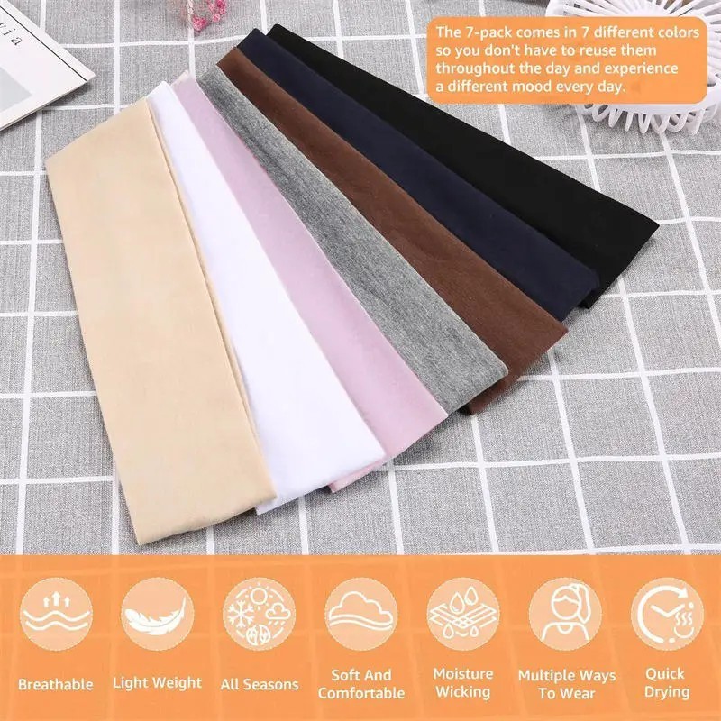 7 Cotton Stretch Headbands Yoga Softball Sports Soft Hair Band Sweatband Head