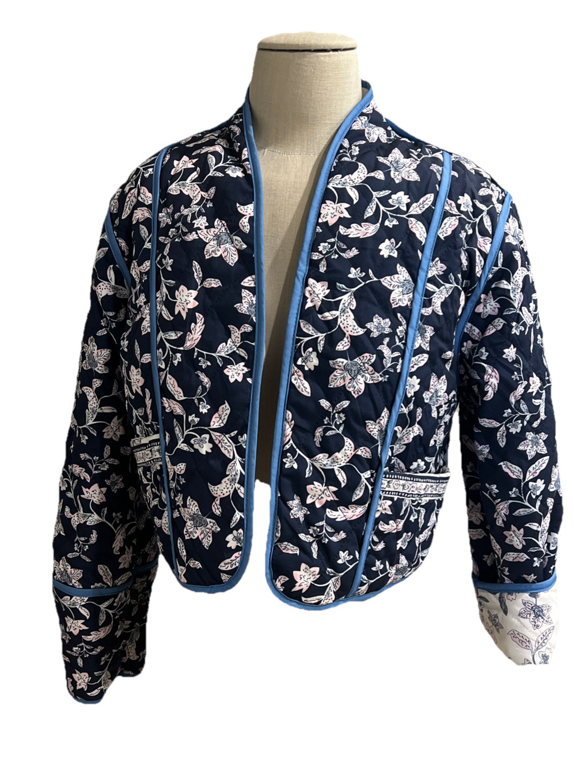 Reversible Quilted Jacket Cropped Sz MED* Navy Blue Floral Ivory/Pink