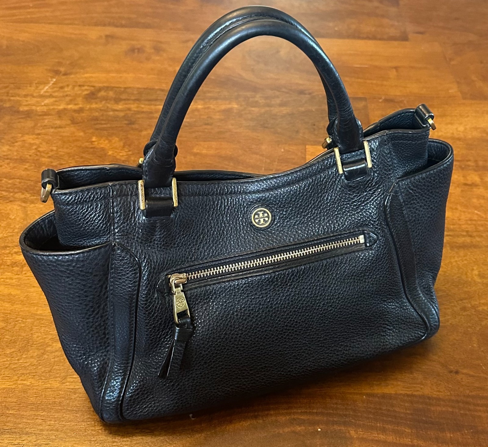 Tory Burch Frances Black Pebbled Leather Satchel/Handbag/Tote/Crossbody Purse