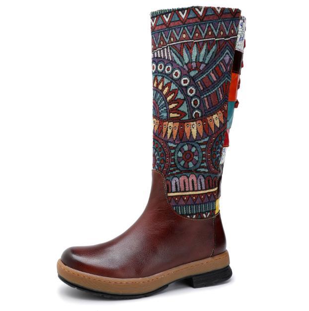 Womens Boho Leather Splicing Knee High Boots Zip Lace Up Shoes Casual Ethnic