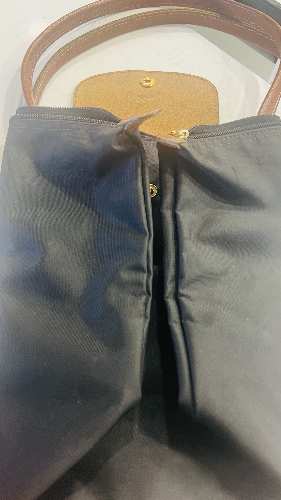 Longchamp Le Pliage Large Black Tote, Brown Leather Handles, Gold Hardware