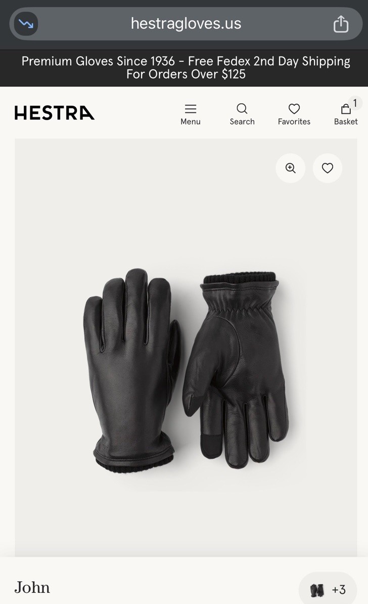 HESTRA Mens Black JOHN Insulated Ribbed Cuff Leather Gloves 9
