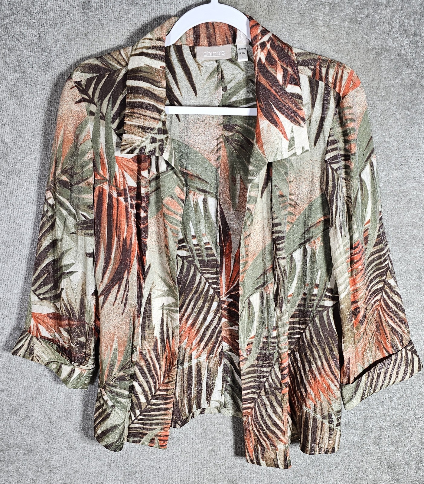 Chicos Semi-Sheer Open Front Top Womens Size 2 US Size Large Tropical Foliage