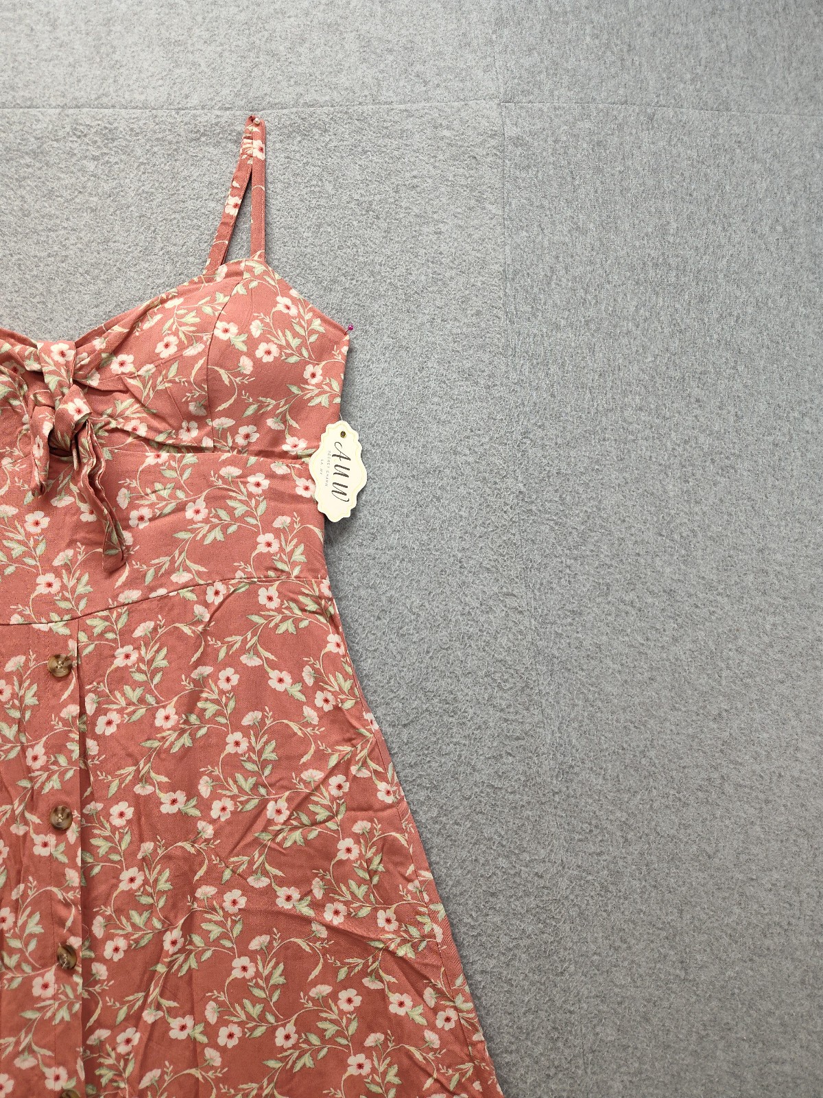 A U W Women Midi Dress L Coral Floral V Neck Adjustable Strap Button Up Summer