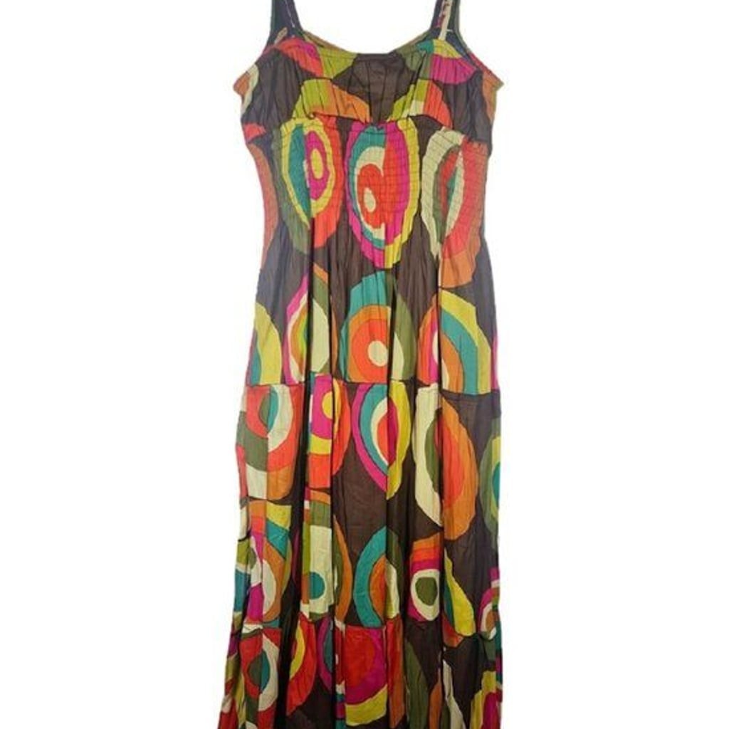 Cute Options Boho Maxi Dress Large 100% Cotton India Geometric Circle Print Tier