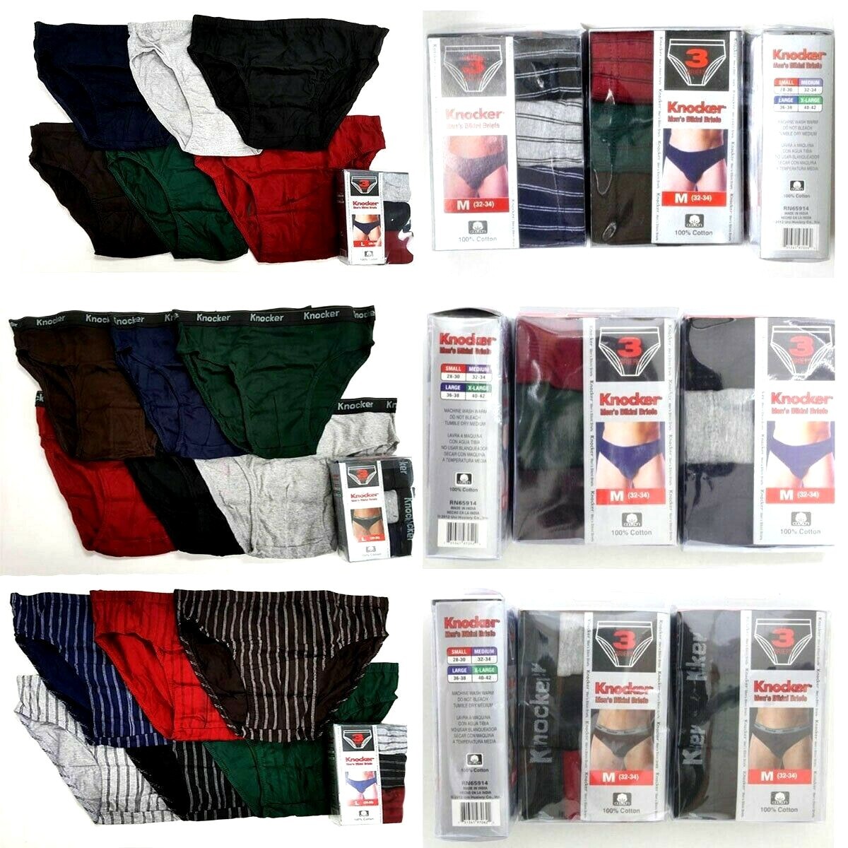 3 6 12 Knocker Men’s Bikini Briefs Boxer Underwear Solid, Stripe, TBand S-XL
