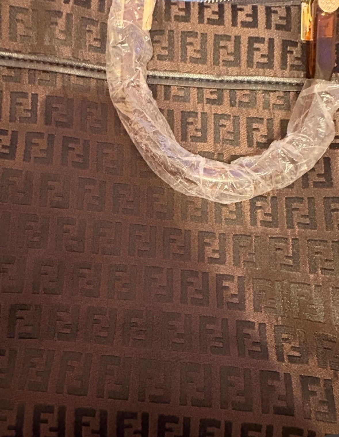 Fendi Zucca Brown Tote Bag Zip Top Double Handles Inner Pockets Dust Bag