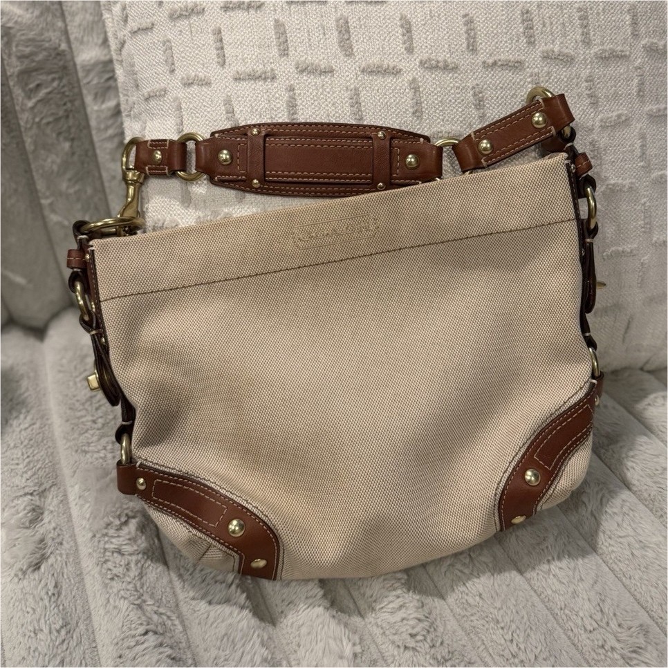 Coach Beige Shoulder Bag Brown Strap Zip Studded Gold Hardware Inner Pockets