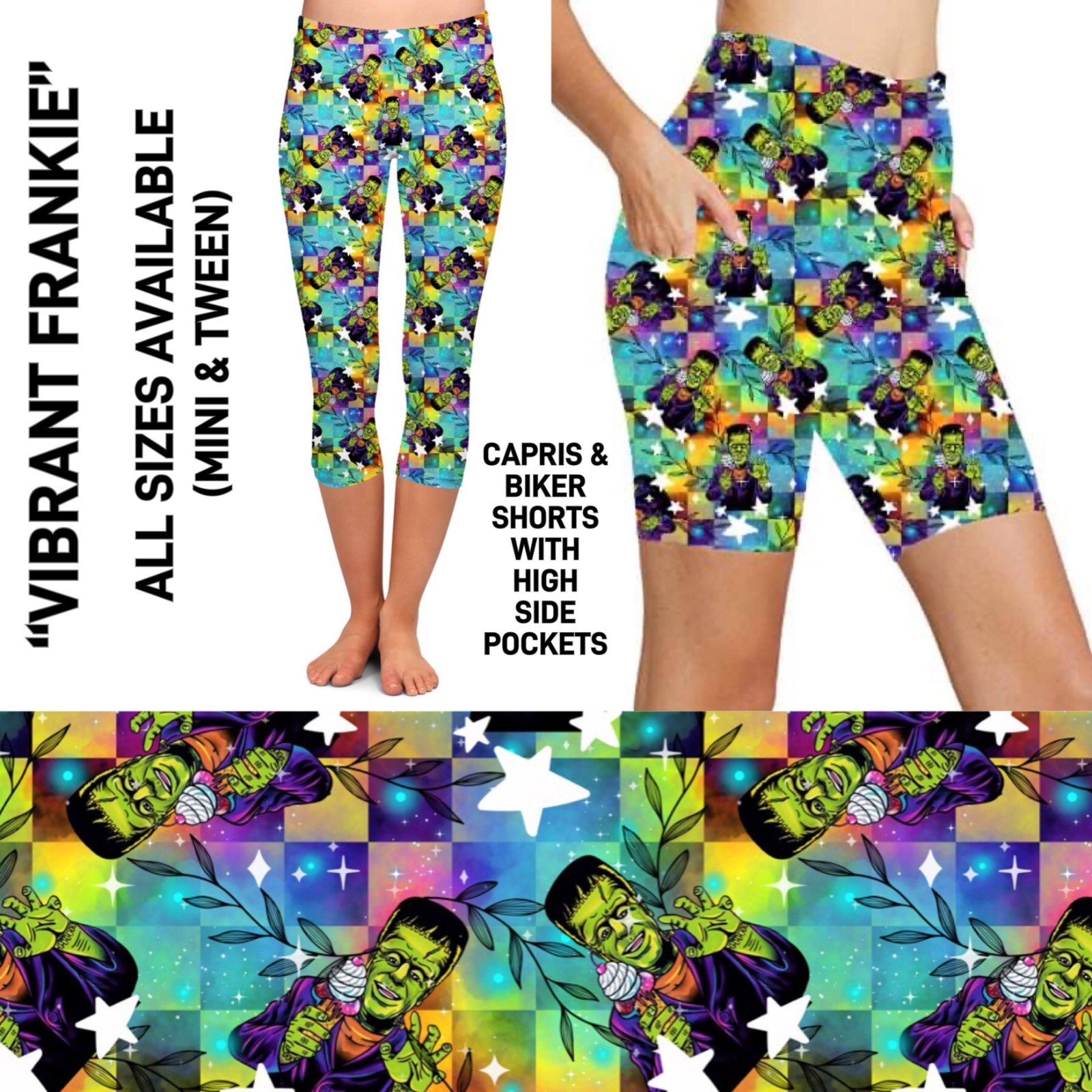 Cute Frankenstein Halloween Capris with Pocket || Buttery Soft || Multiple Sizes