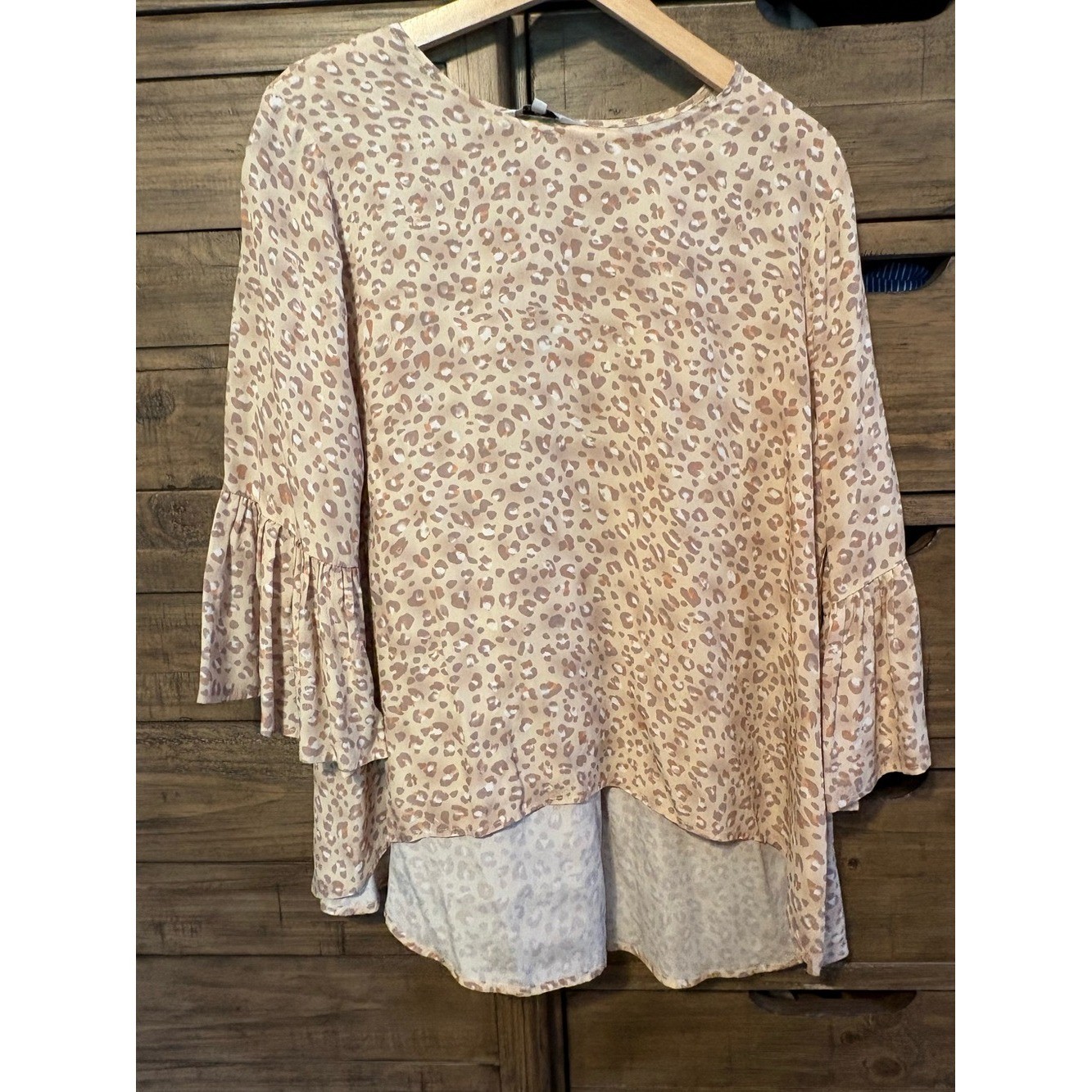 LaRoque Original Silk Blend Leopard Print Bell Sleeve Tunic Top OS Beige Neutral