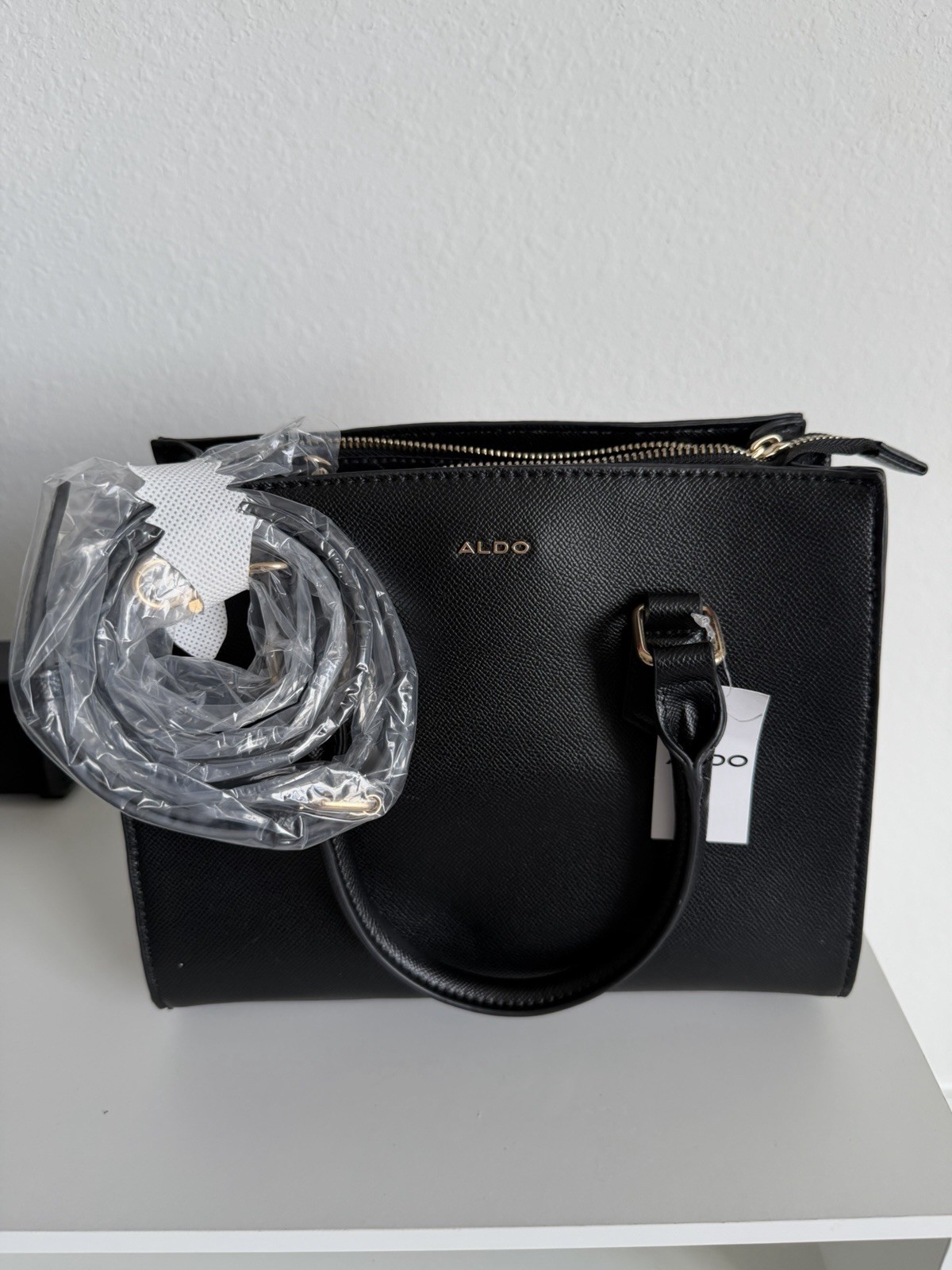 NWT ALDO Black Satchel Crossbody Shoulder Handbag Gold Hardware Zip Top