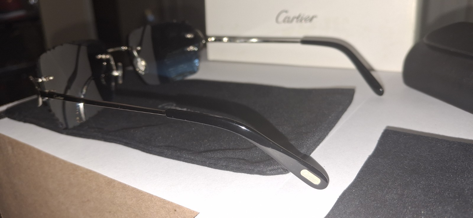 Cartier Rimless Big C Sunglasses Gradient Black & Blue Lenses Silver Frame