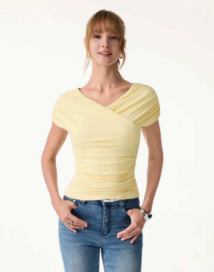 Oglmove SkinKiss Surplice V-Neck Ruching Bra Top, Butter Yellow Color, New