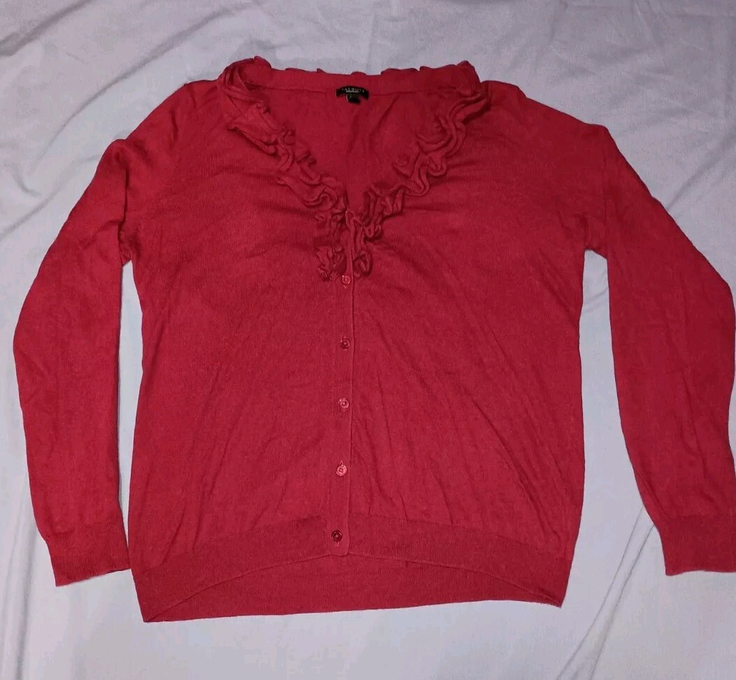 Talbots Large L Crimson Ruffled V-Neck Wool Blend Blouse Cottagecore Red