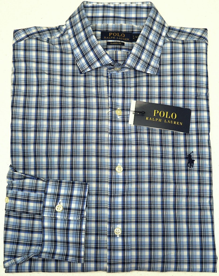 Polo Ralph Lauren Cotton Stretch Long Sleeve Shirt Mens Blue Gray Plaid $89