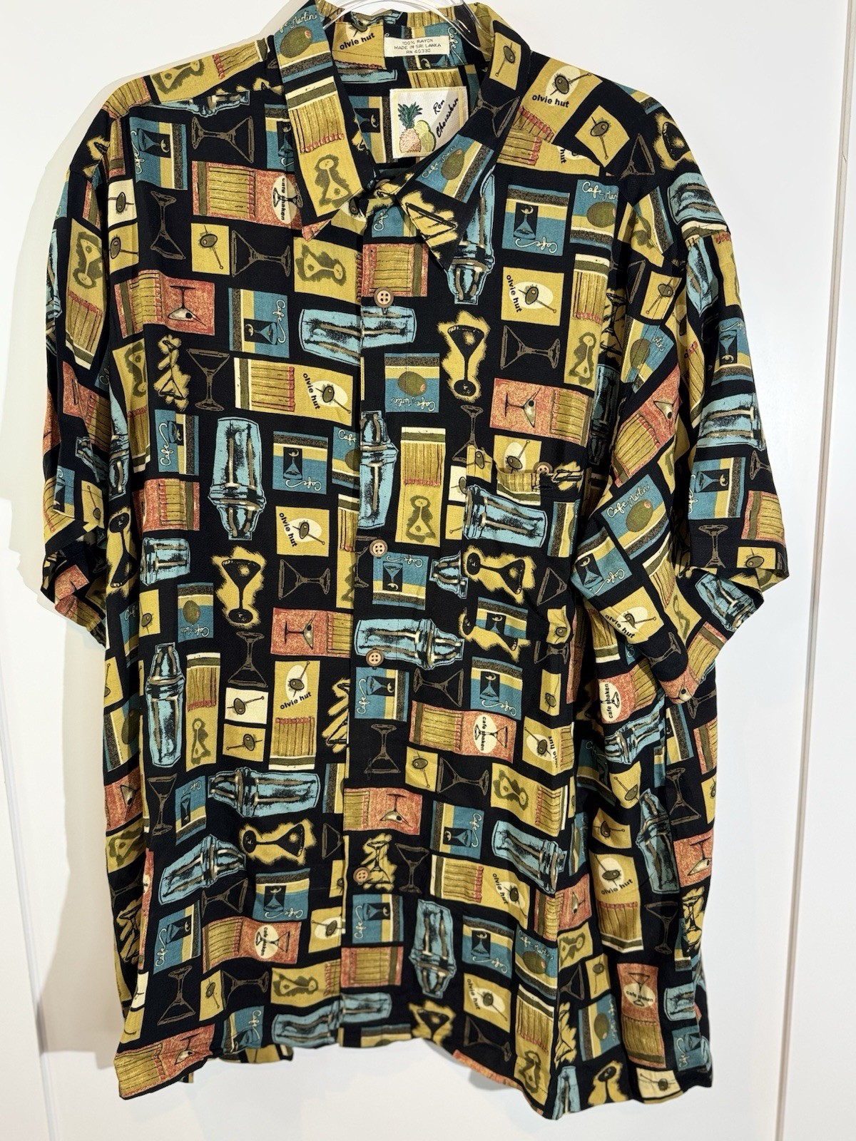 Olive Hut Ron Chouinard Cafe Martini Print Hawaiian Shirt XXL Rayon
