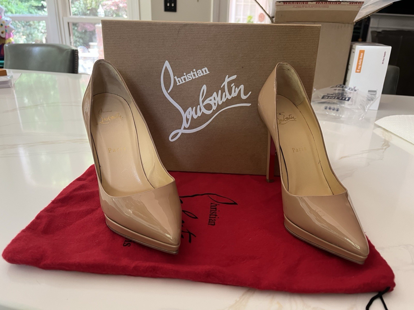 Christian Louboutin Women’s Beige Patent Leather Pointed Platform Pumps EU 37.5