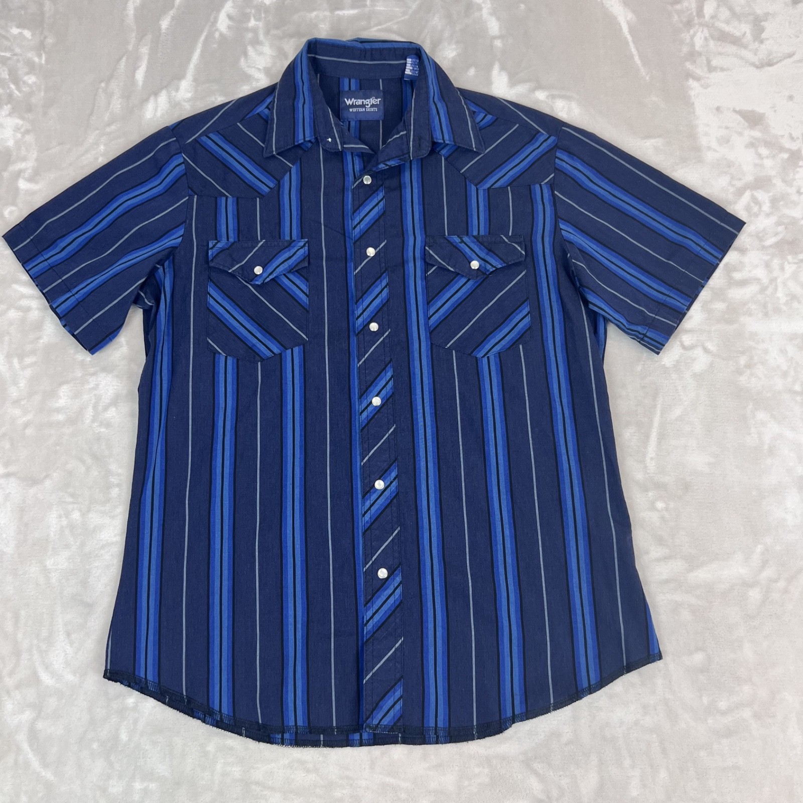 Vintage Wrangler Shirt Mens Medium Blue Striped Pearl Snap Cowboy Western Rodeo