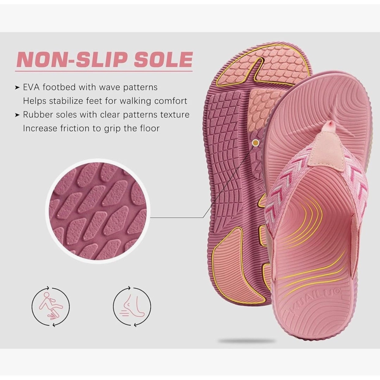 Kuailu Womens Orthopedic Flip Flops Pink Arch Support Recovery Sandals 1.7″ Sole