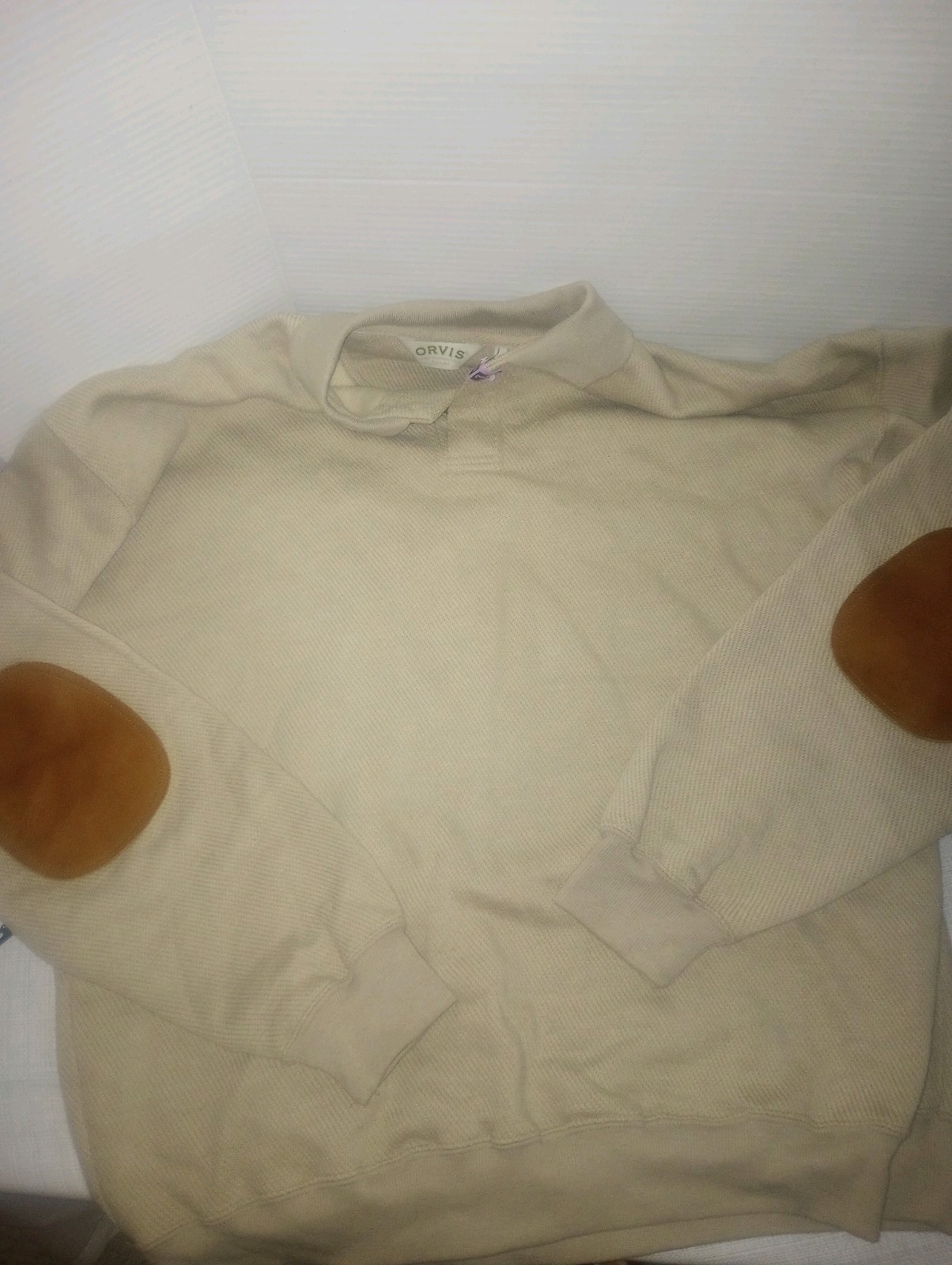 Orvis Pullover Sweater Button Khaki XL Cotton Camel Color Elbow Pads