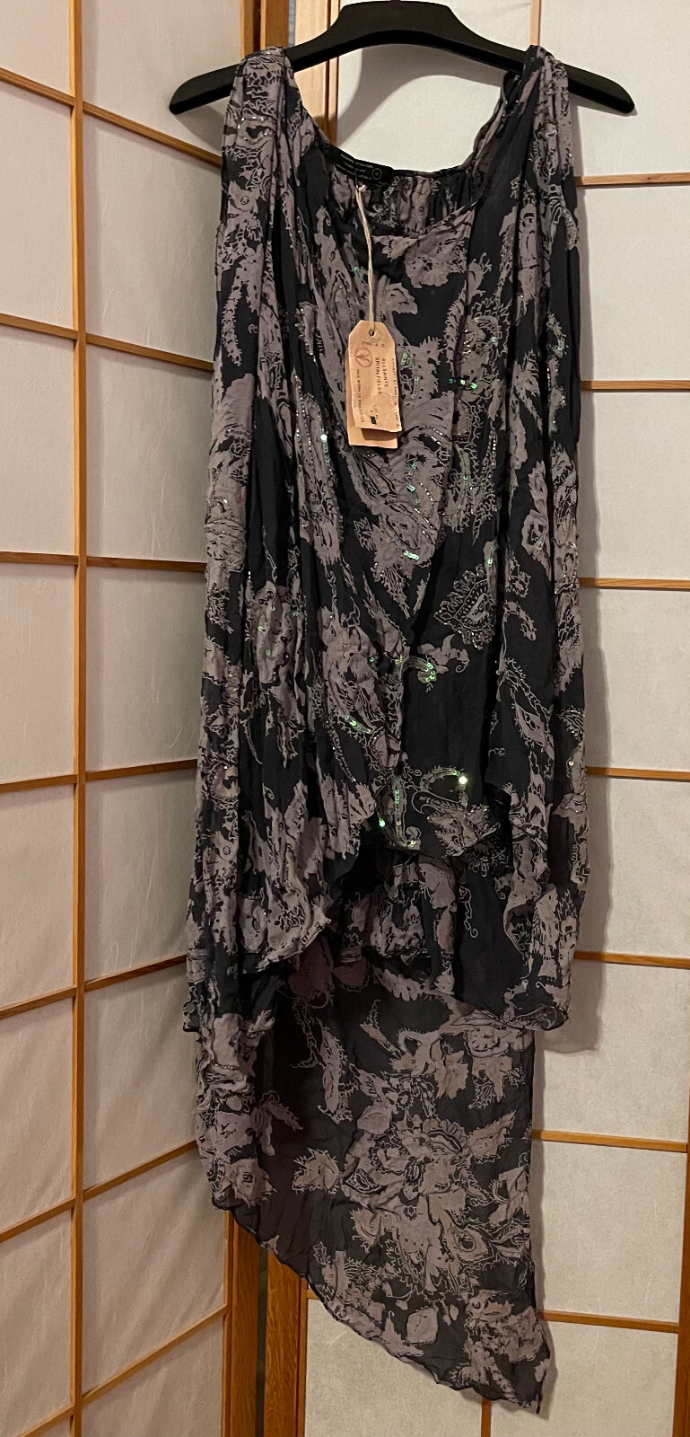 ALLSAINTS Draconis Embelished Silk Blouse Tunic Grey/Taupe UK 12 (US 8) NWT $218