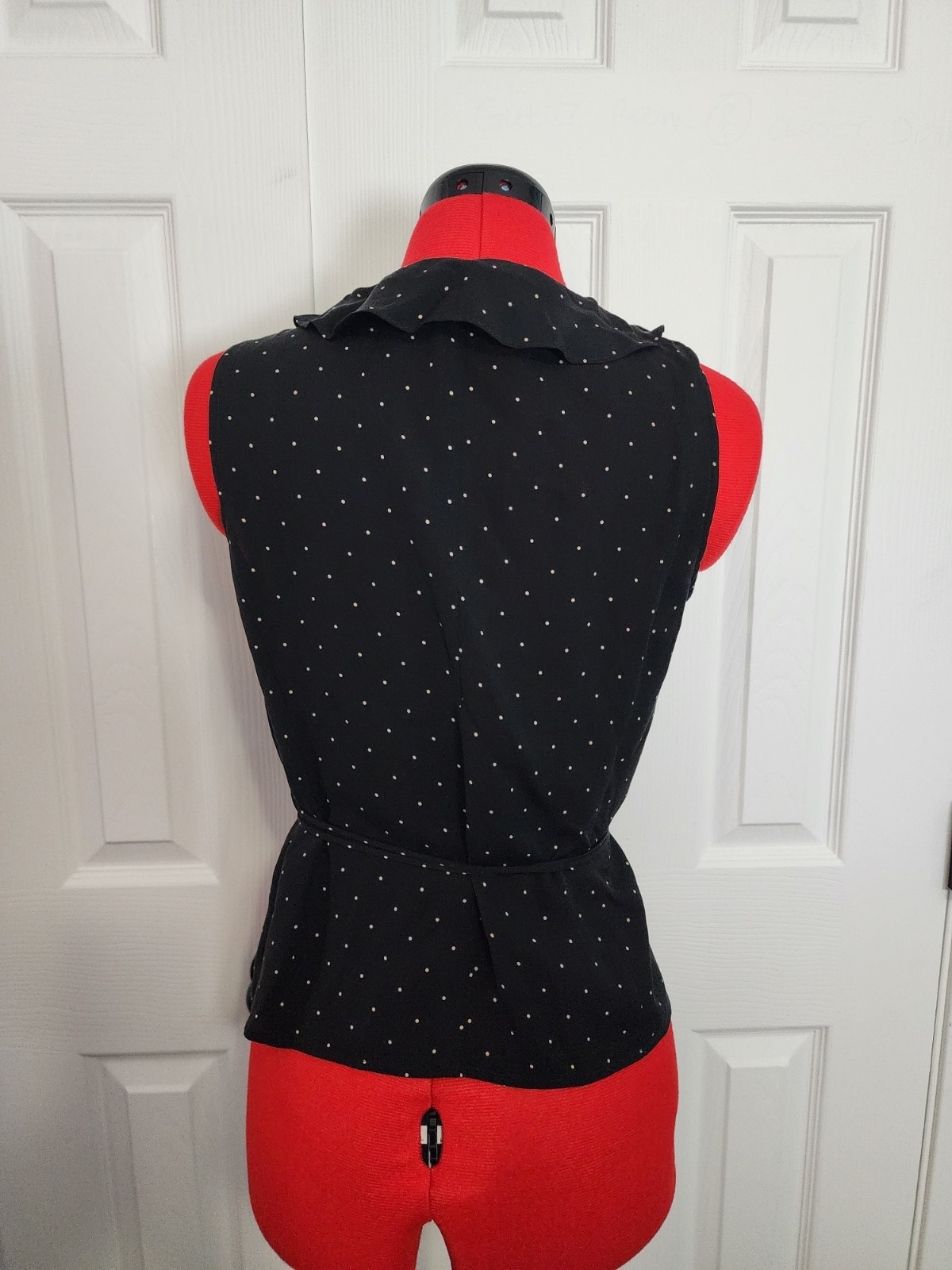 Harolds Silk Chiffon Sleeveless V-Neck Ruffle Blouse Sheer Polka Dot Size 8