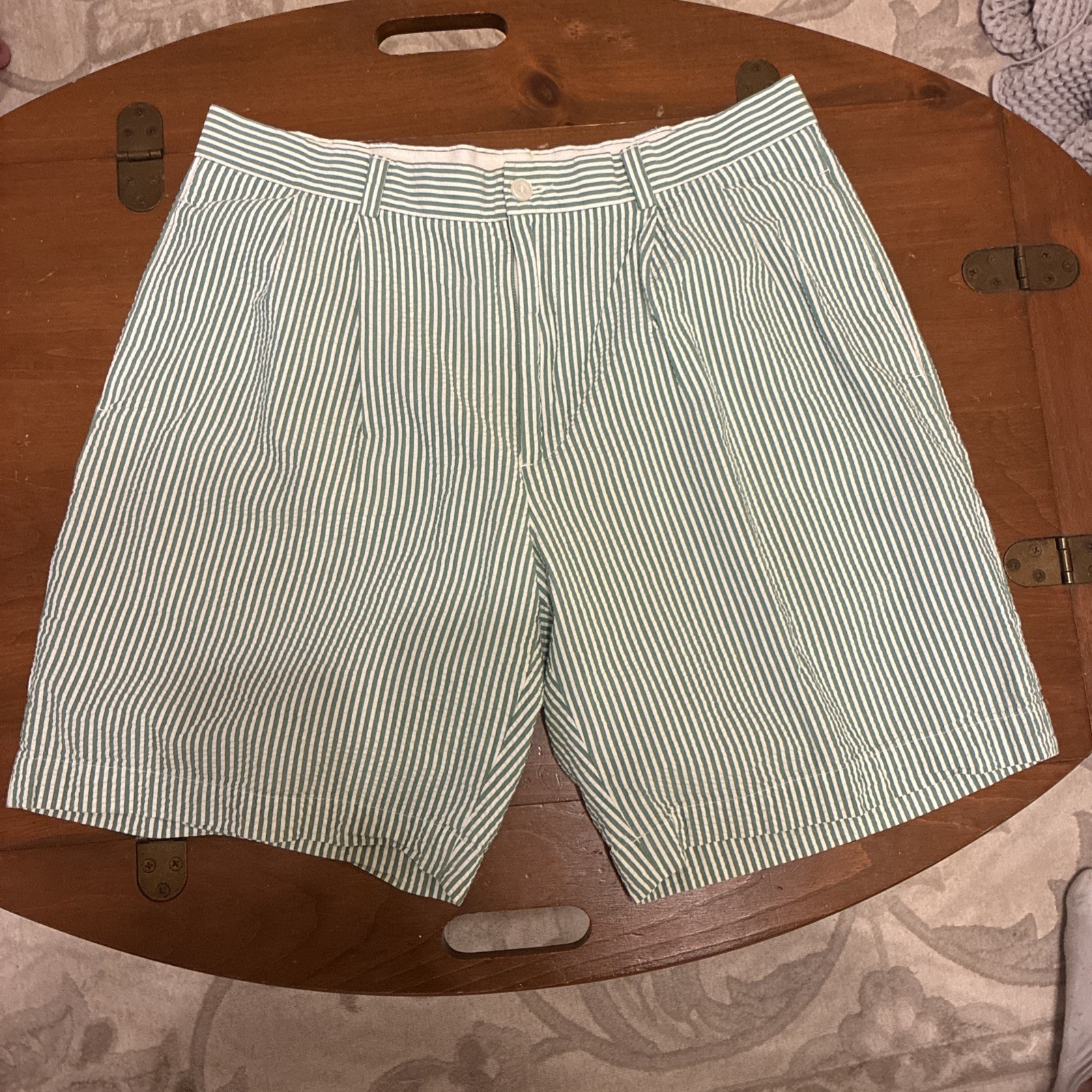 346 Brooks Brothers Shorts Men 34 Seersucker Green White Cotton Pleated Striped