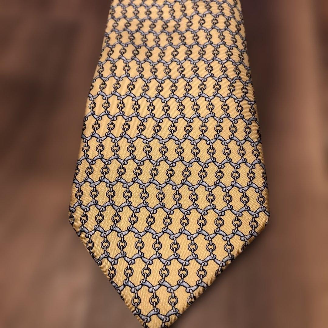 HERMES Silk 100% Necktie Chain Pattern Yellow Blue Gray 9cm New