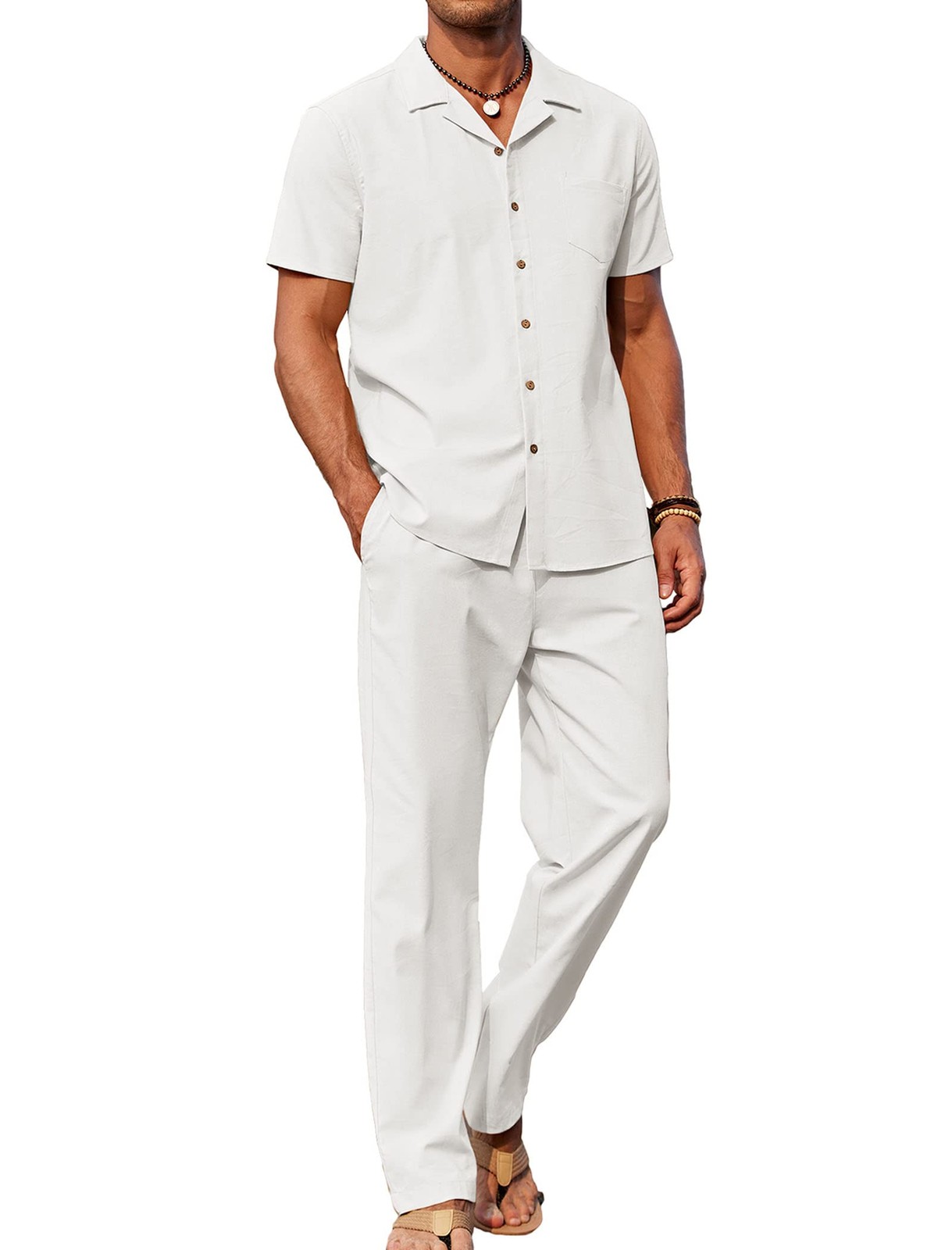 Mens Casual Linen 2 PC Outfit Set Cotton Beach Pant Guayabera Shirts (White,L)