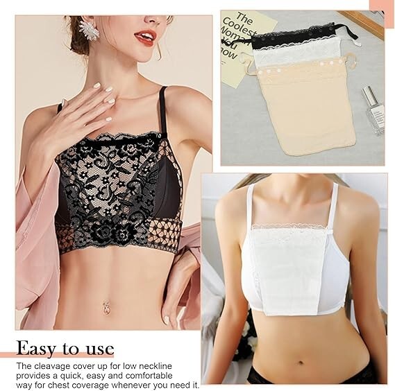 6 Pieces Lace Clip-on Mock Camisole Bra, Insert Overlay Modesty Panels for Low