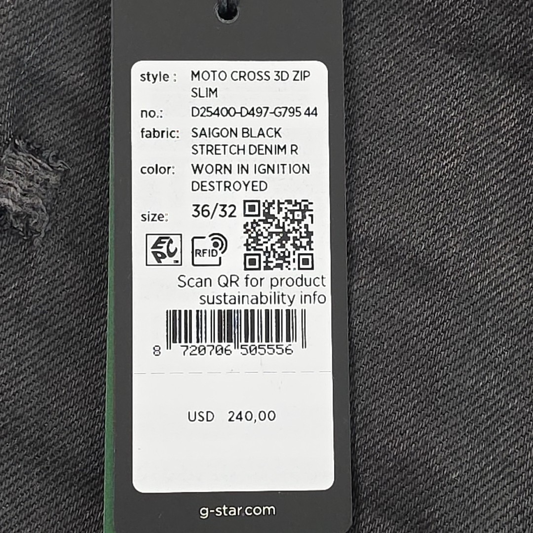 G-Star Raw Mens Black Jeans Ignition Destroyed 36×32 Moto Cross 3D Zip Slim