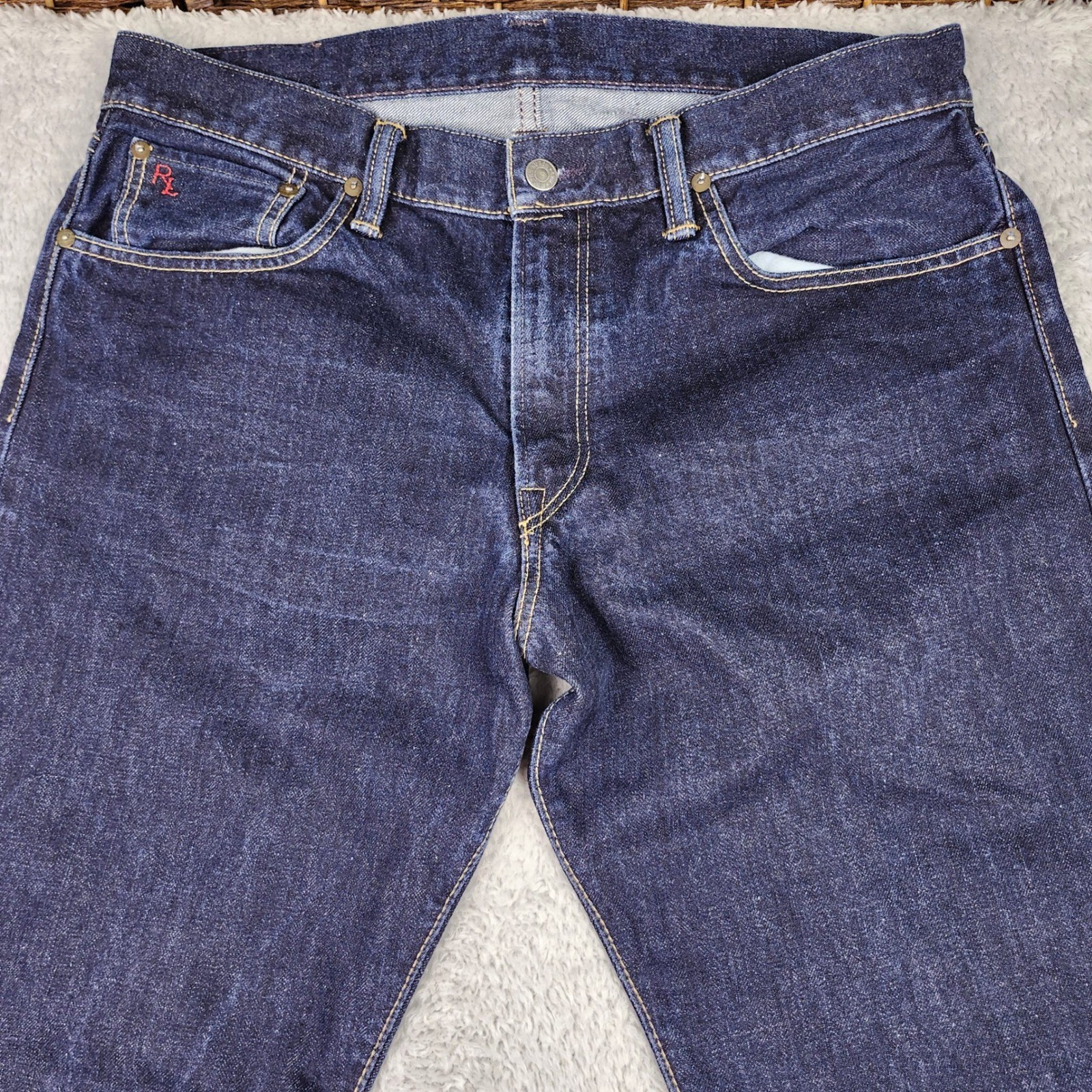 Polo Ralph Lauren Jeans Men 34×32 Dark Wash Straight Cotton Leather Patch Prep