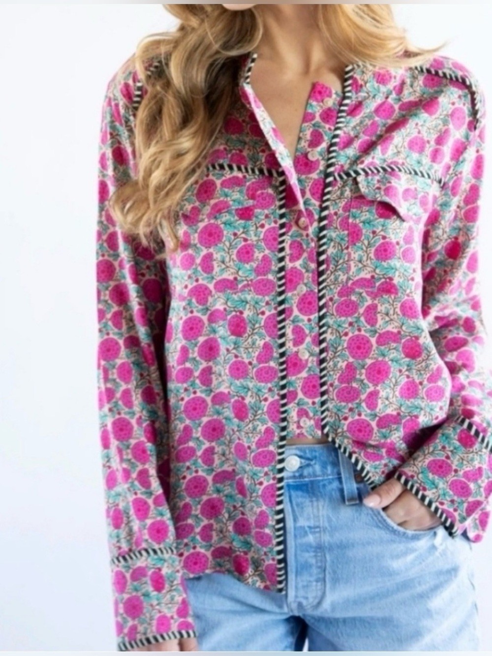 Natural Life Calypso Button Down Shirt Pink Puff Floral Boho Hippie Free Spirit