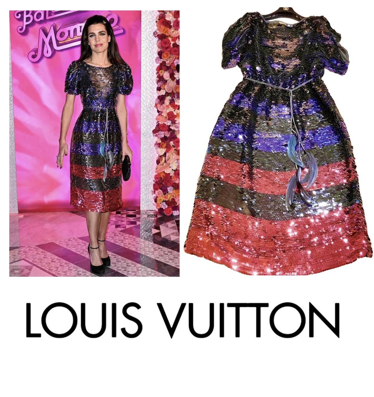 11K Louis Vuitton Red Sequin Stripe Party Dress Feather Belt Set 36 38 4 6 S M