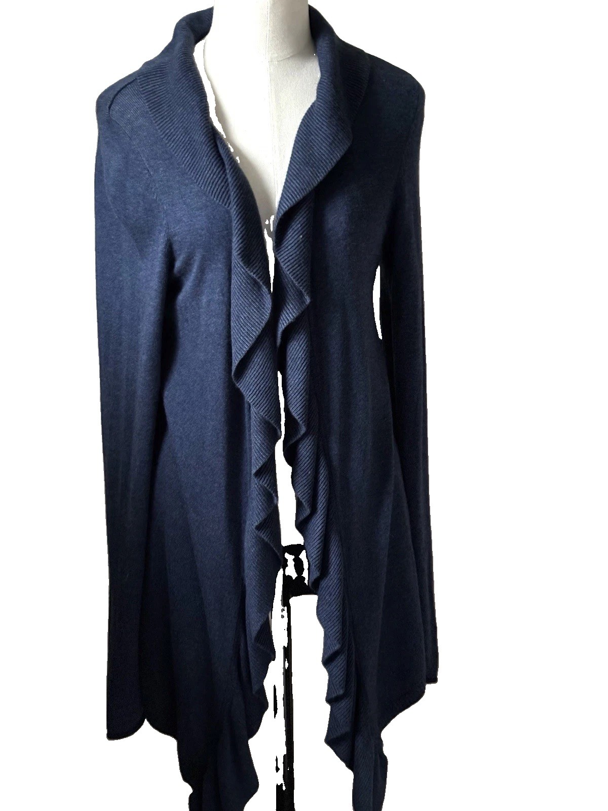 East Ruffle Front Open Cardigan Blue Angora Cotton Blend Uk14 Waterfall Soft