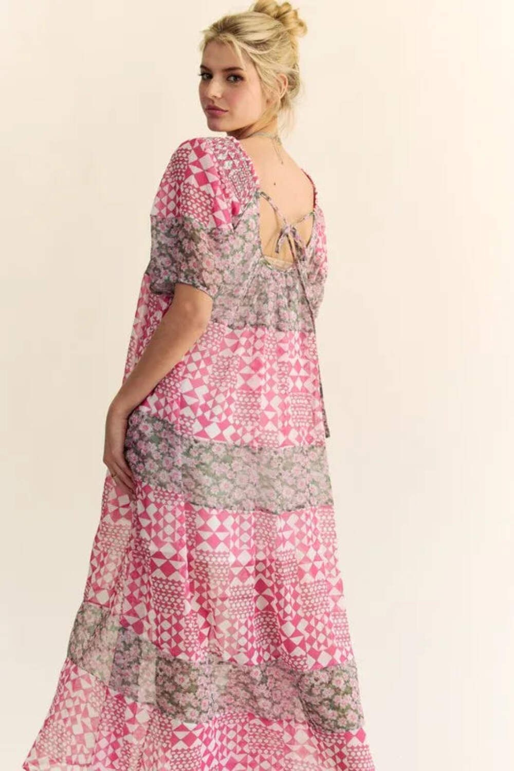 Davi & Dani Multi Floral Square Neck Puff Sleeve Maxi Dress