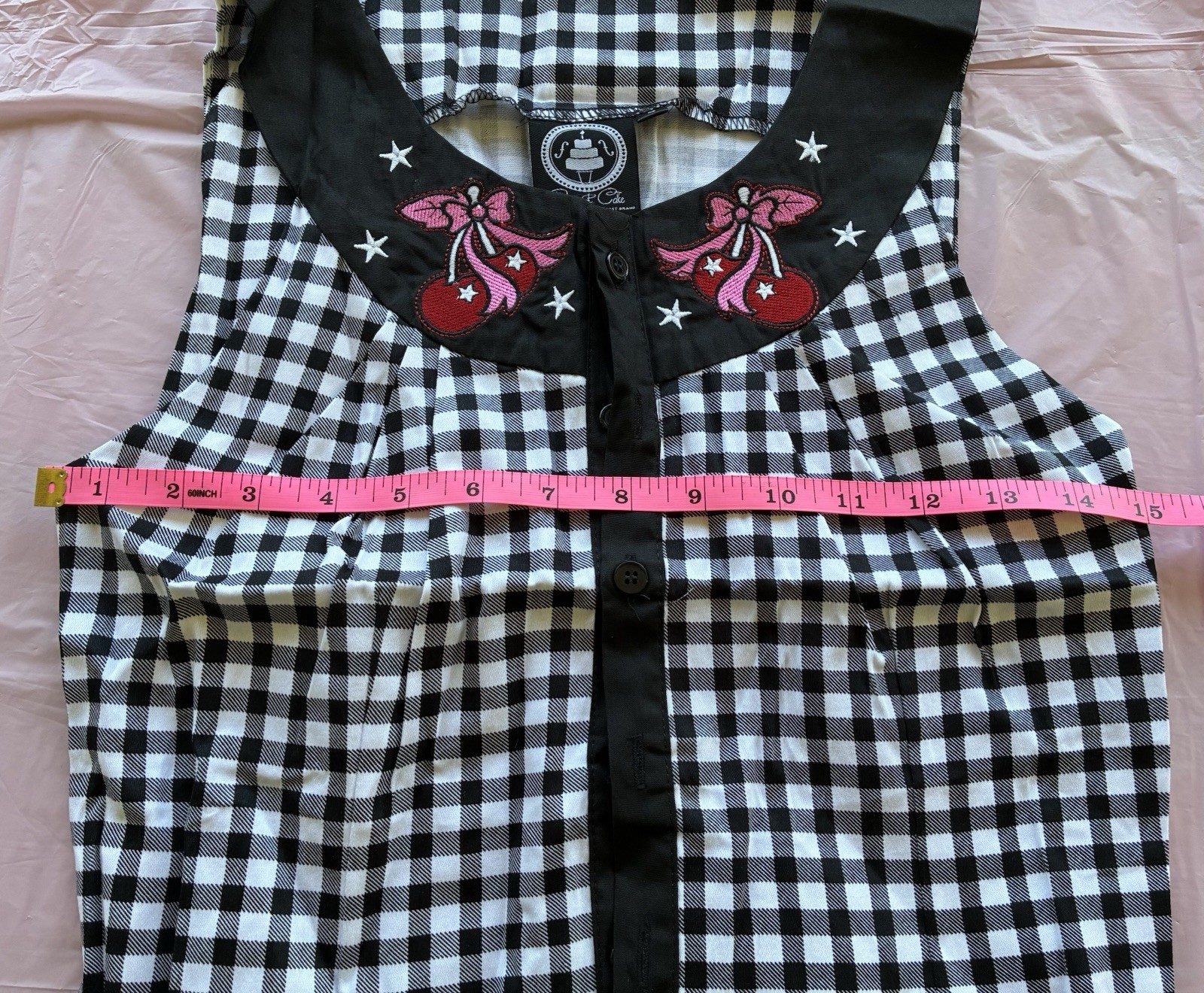 Banjo & Cake Women’s Top Shirt Gingham Sleeveless Button-Up Embroidered Tie Sz S