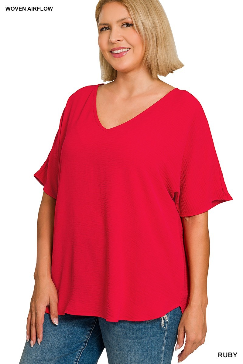 1X 2X 3X Women’s Woven Airflow V Neck Short Sleeve Loose Oversized Top Curve Hem