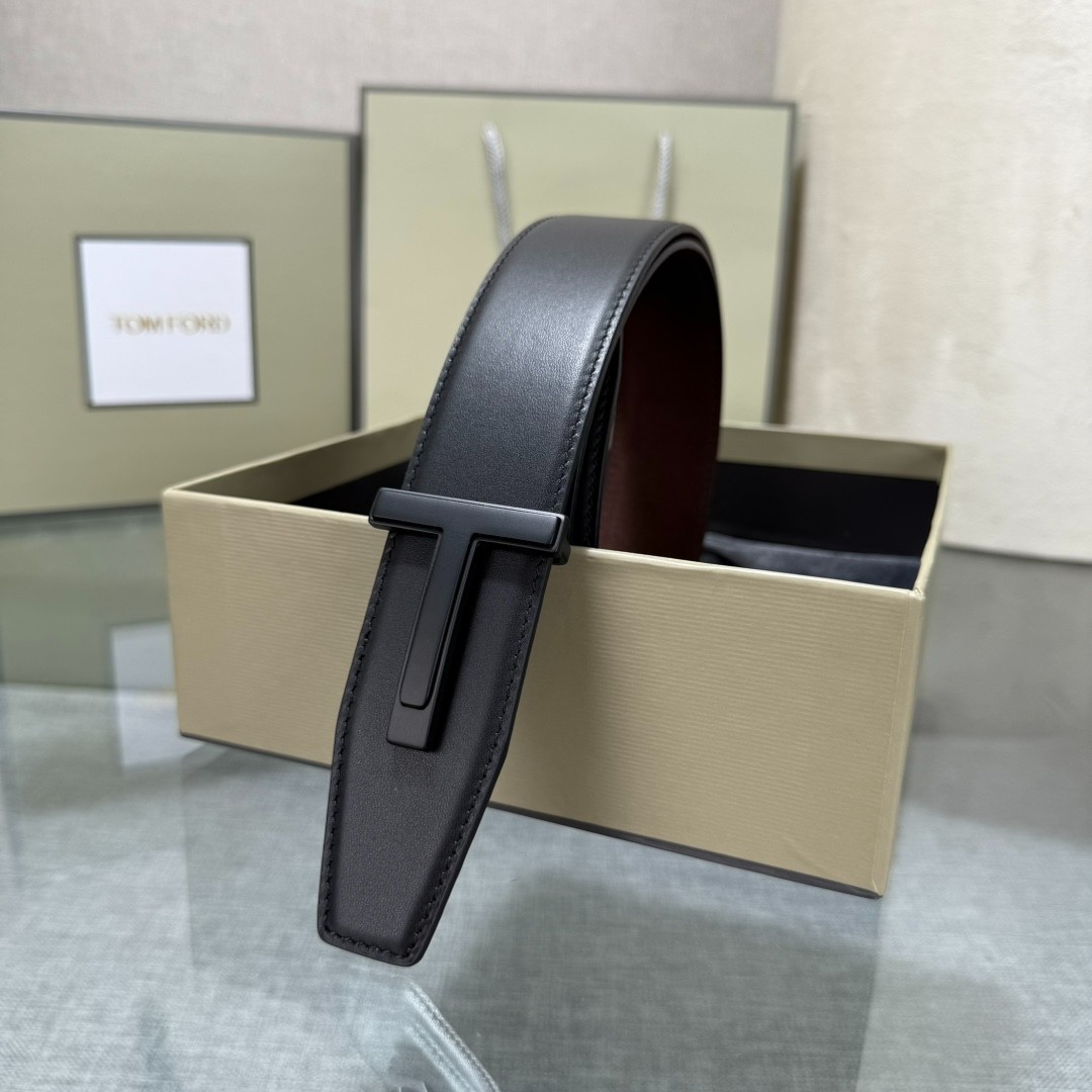 Authentic Tom Ford Men’s Reversible Calfskin Leather Belt Black T-Buckle