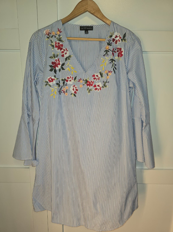 Spense Jeremy Womens 8 Blue White Stripe Embroidered Dress Bell Sleeve Cotton